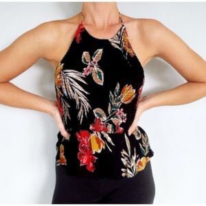 Patrons of Peace Heath Peplum Smocked Top, Sz Small, Black Tropical Print Halter